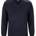 A navy blue v-neck sweater with shoulder epaulets and a ribbed hem and cuffs.