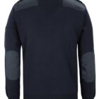 Dark blue sweater with black patches on the shoulders and elbows. The back view shows long sleeves and a ribbed hem. The shoulder patches appear slightly glossy, contrasting with the matte finish of the main fabric.
