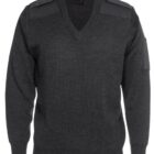 Dark gray V-neck sweater with ribbed cuffs and hem, featuring reinforced shoulder patches and a pocket on the sleeve.