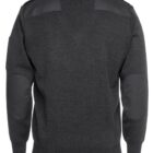 A dark gray sweater with black leather patches on the shoulders and elbows, viewed from the back. The sweater has a ribbed neckline, cuffs, and waistband, and features a military or tactical style.