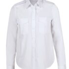 A white button-up shirt with long sleeves and a collar. The shirt features two chest pockets with flaps and buttons.