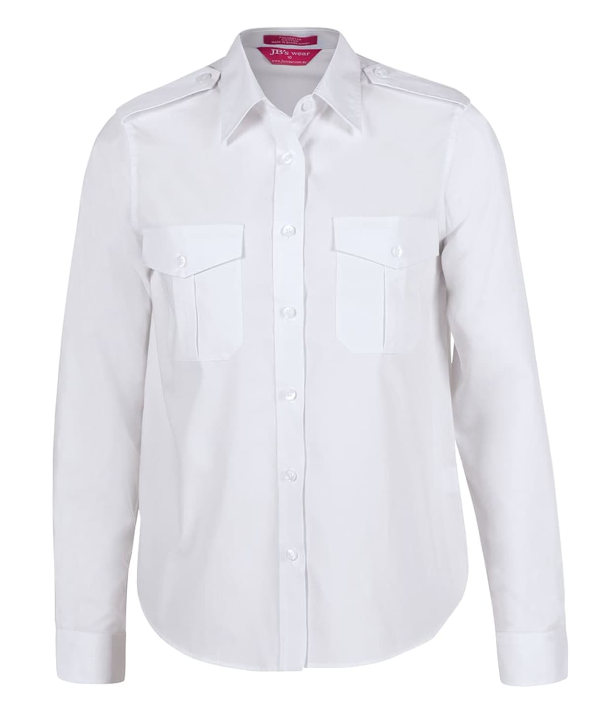 A white button-up shirt with long sleeves and a collar. The shirt features two chest pockets with flaps and buttons.