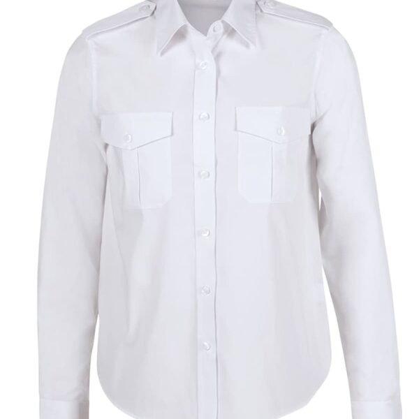 White button-up shirt with long sleeves and two chest pockets. It has a classic collar and epaulets on the shoulders.