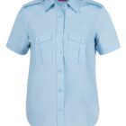 Light blue short-sleeve button-up shirt with two breast pockets and shoulder epaulets. The collar is pointed, and the fabric appears smooth.