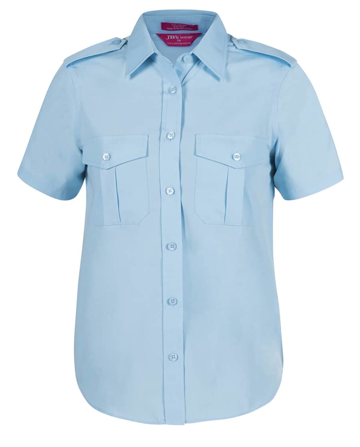 Light blue short-sleeve button-up shirt with two breast pockets and shoulder epaulets. The collar is pointed, and the fabric appears smooth.