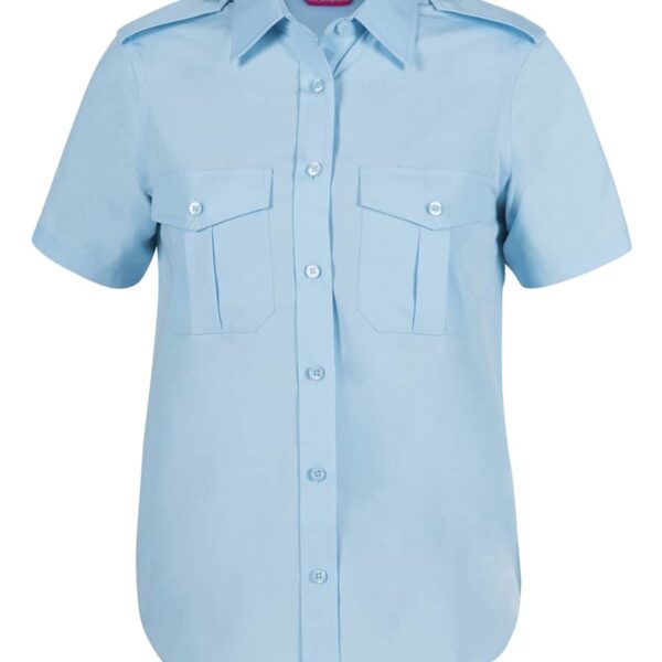 A light blue, short-sleeve button-up shirt with two front pockets. It has shoulder epaulets and is displayed against a white background.