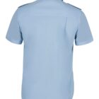 Light blue short-sleeve uniform shirt viewed from the back. The shirt has a straight hem, a collar with epaulets on the shoulders, and appears to be made of cotton or a cotton blend.