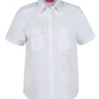 White short-sleeve button-up shirt with two chest pockets and epaulets on the shoulders. The shirt is neatly displayed to show its front side and collar.