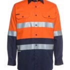 Long-sleeve hi-vis work shirt with orange top, navy bottom, and reflective silver stripes.
