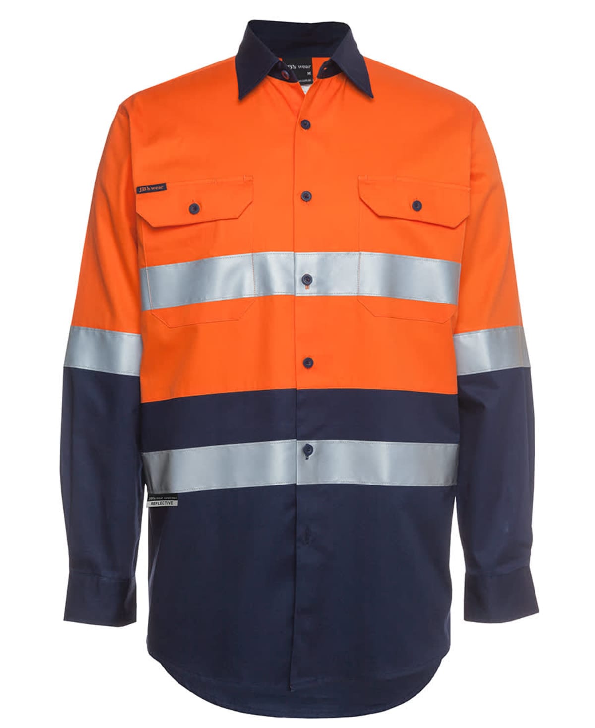 Long-sleeve hi-vis work shirt with orange top, navy bottom, and reflective silver stripes.