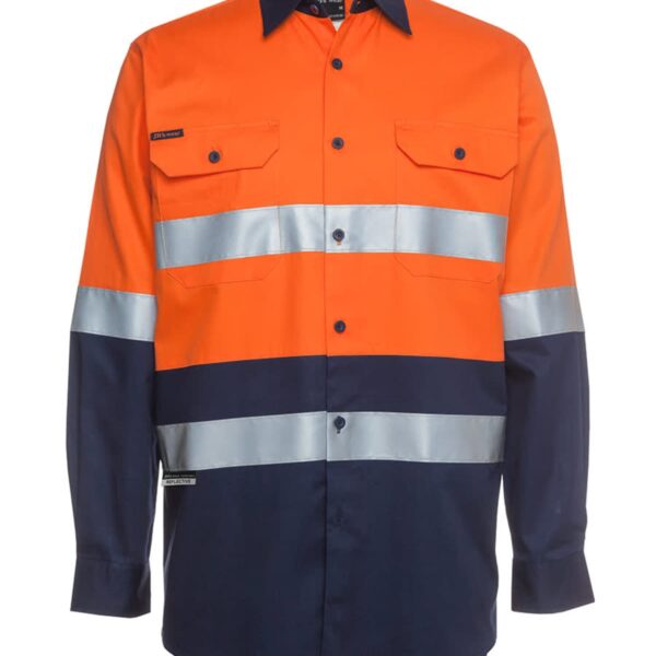 High-visibility orange and navy work shirt with silver reflective stripes on chest and arms.