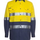 Long-sleeve high-visibility shirt, yellow top with navy bottom and silver reflective stripes.