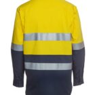 Yellow and navy work shirt with reflective silver stripes, viewed from the back.