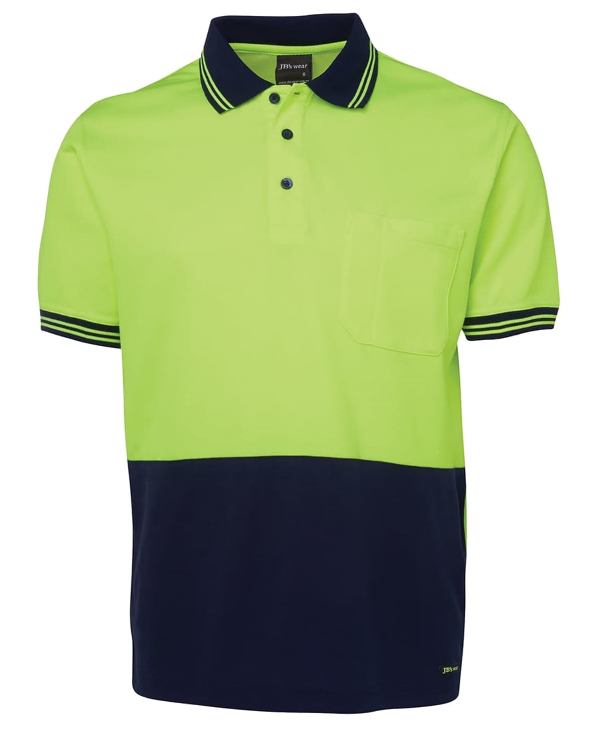 Two-tone short sleeve polo shirt in neon yellow and navy blue with a chest pocket.