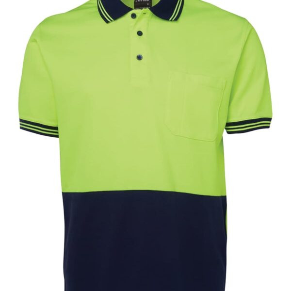 Lime green and navy polo shirt with collar, pocket, and striped trim on sleeves and collar.