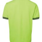 Back view of a lime green polo shirt with dark trim on the collar and sleeves.