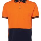 Orange polo shirt with black collar, sleeve trim, lower section, and a chest pocket.