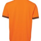 Back view of an orange polo shirt with black-striped collar and sleeve cuffs.