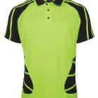 Bright yellow-green polo shirt with black accents and a chest pocket, displayed on a plain background.