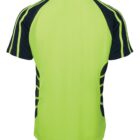 Back view of a short-sleeve neon green sports shirt with black accents and stripes.