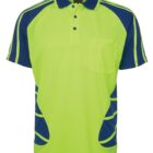Bright green polo shirt with blue accents and stripes on sleeves, front facing view.