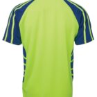 Back view of a short-sleeve yellow-green sports shirt with blue stripes and accents.