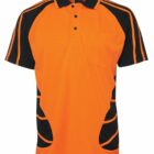 Bright orange polo shirt with black accents and short sleeves.