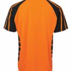 Back view of an orange short-sleeve polo shirt with black accents and stripes.