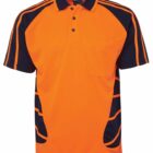 Bright orange polo shirt with black accents and a front pocket, displayed on a white background.