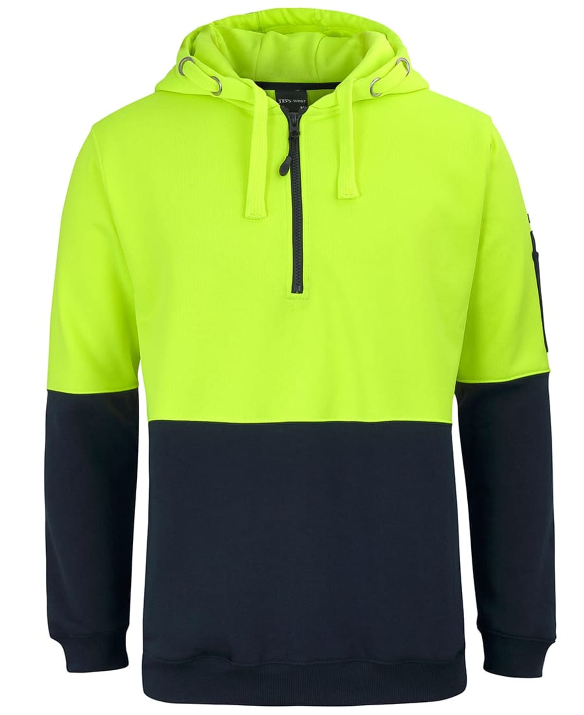 Yellow and black colorblock hoodie with a front zipper and drawstring hood.