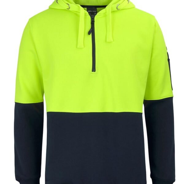 Neon yellow and black hooded sweatshirt with a front zipper and drawstrings.