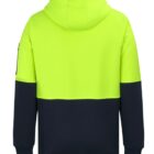 A hoodie with a bright yellow top half and a black bottom half, viewed from the back.
