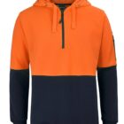 Orange and black hoodie with front zipper and drawstring hood.