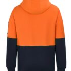 Orange and black color-block hoodie shown from the back with a hood and long sleeves.