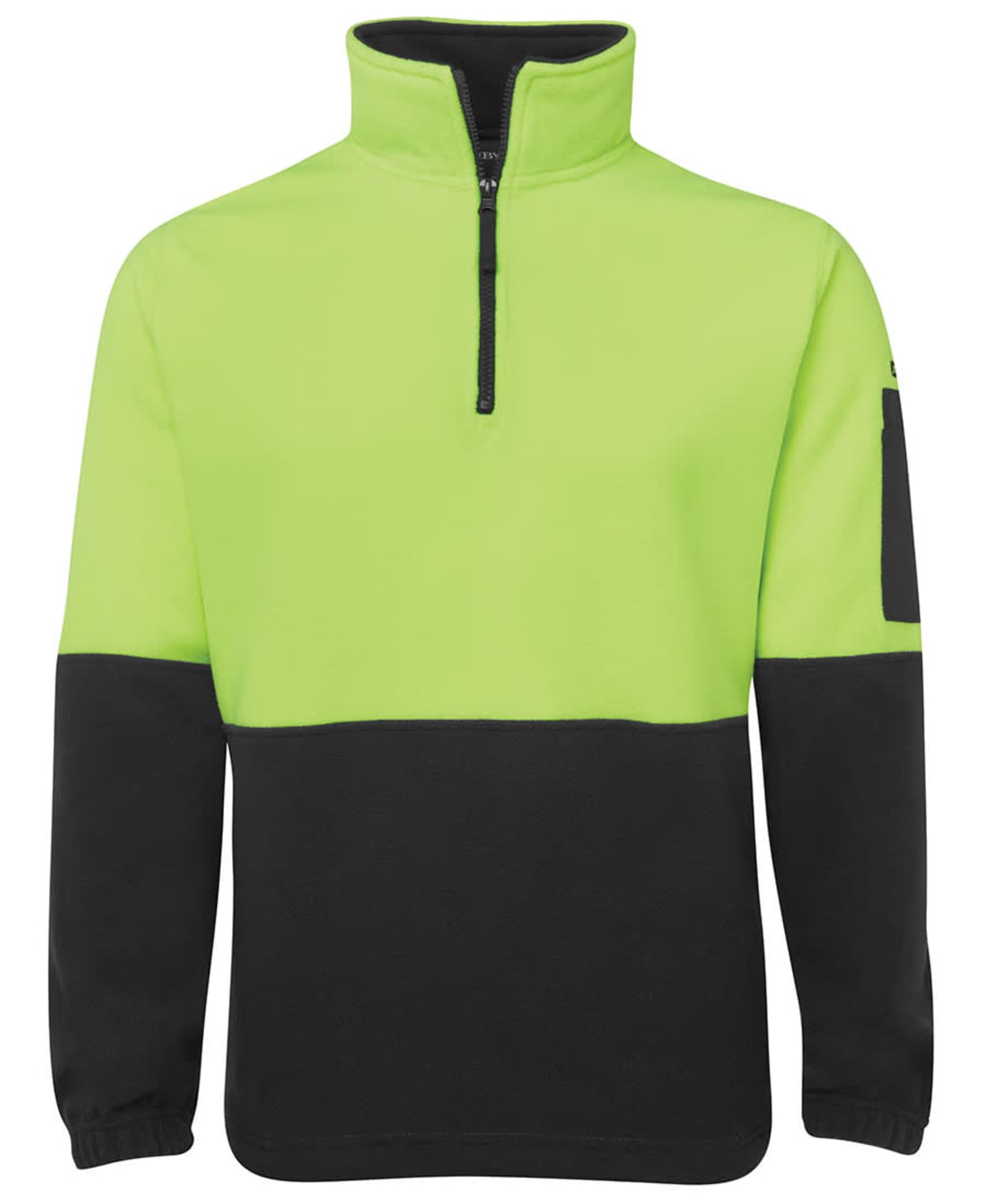A neon yellow and black quarter-zip pullover with a high collar and sleeve pocket.