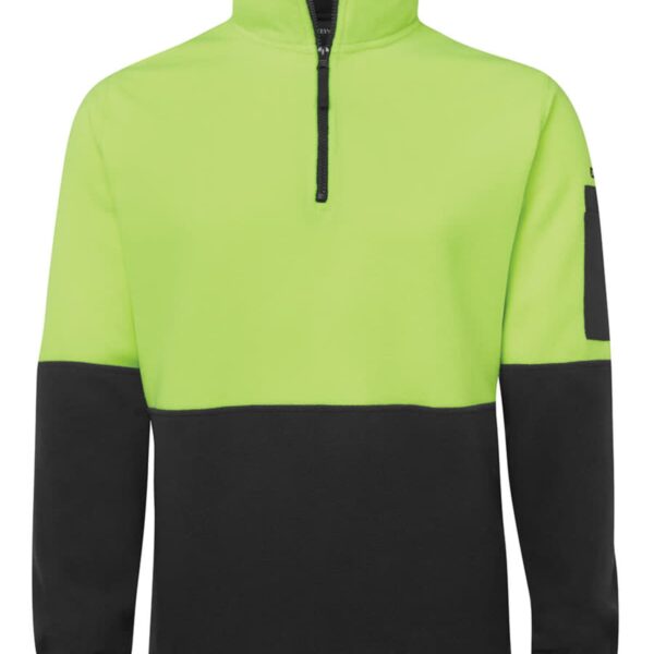 A fleece pullover with a lime green top half and black bottom half, featuring a front zipper.