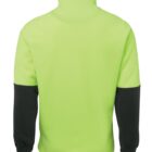 Back view of a neon yellow jacket with black sleeves and elastic cuffs.