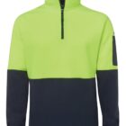 A two-tone pullover with a lime green top half and black bottom half, front view.