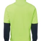 Back view of a neon yellow jacket with black sleeves and elastic cuffs.