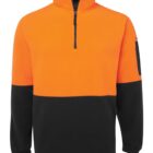 Orange and black fleece pullover with a half-zip and zippered pocket on one sleeve.