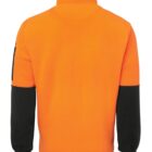 Back view of an orange jacket with black sleeves and a high collar.