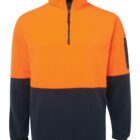 Orange and black two-tone fleece pullover with a half-zip and sleeve pocket.