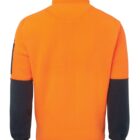 Back view of an orange jacket with black sleeves and a high collar.
