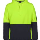 Neon yellow and black color-block hoodie with front pocket and drawstring hood.
