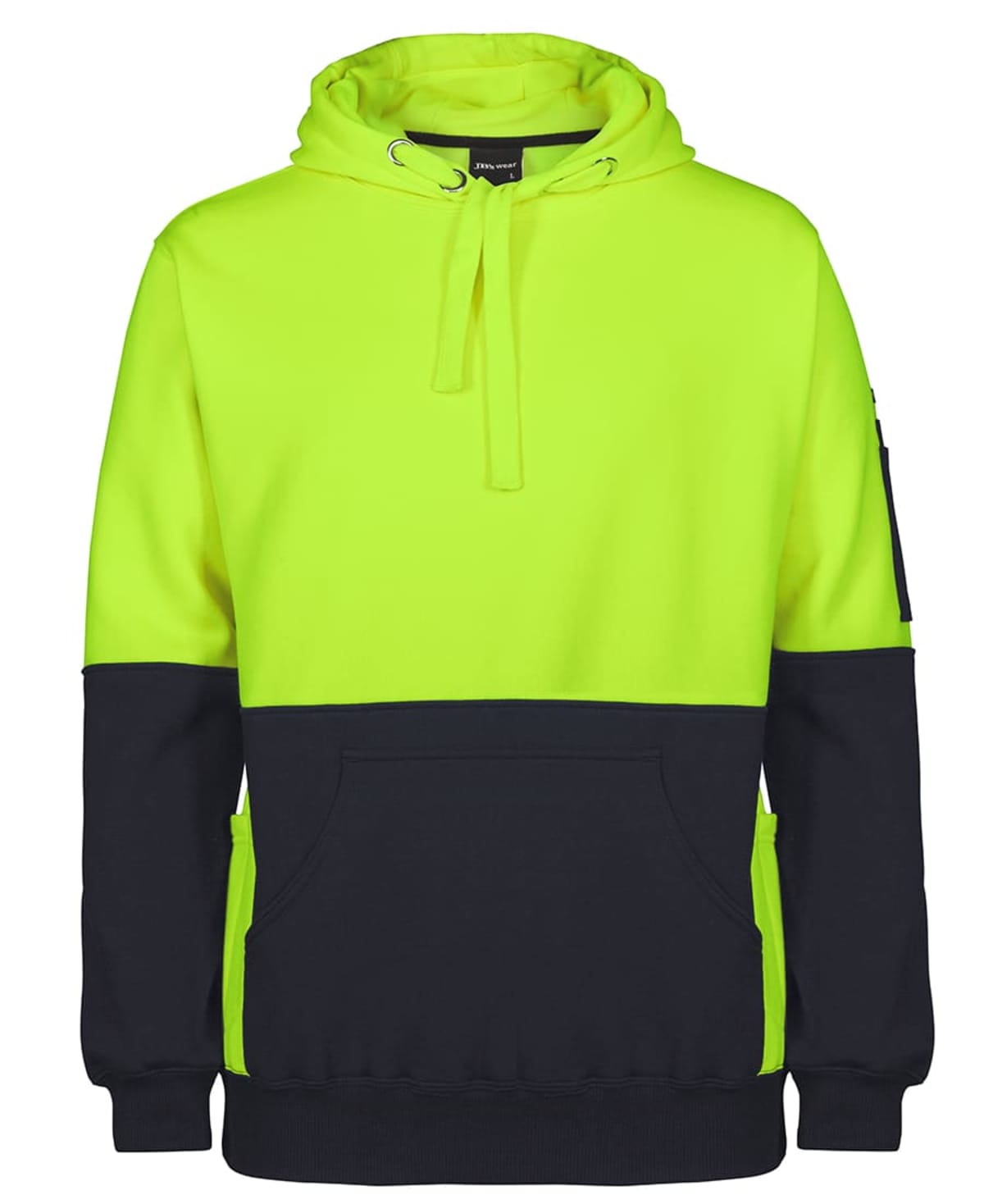 Neon yellow and black color-block hoodie with front pocket and drawstring hood.