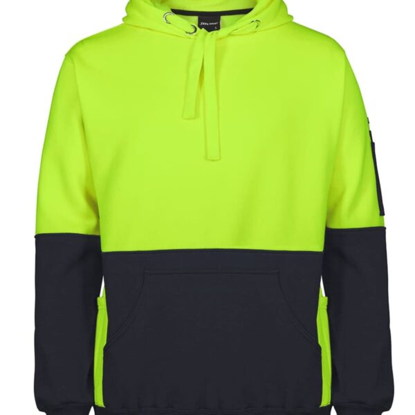 Bright yellow and black color-block hoodie with a front pocket and drawstring hood.