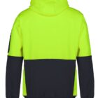 Back view of a yellow and black hooded sweatshirt with long sleeves.