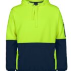 A hoodie with a bright yellow top and hood, and dark navy blue bottom and sleeves.