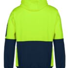 Back view of a hoodie, neon yellow on top and dark navy blue on the bottom.