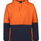 Orange and navy color-blocked hoodie with front pocket and drawstring hood.